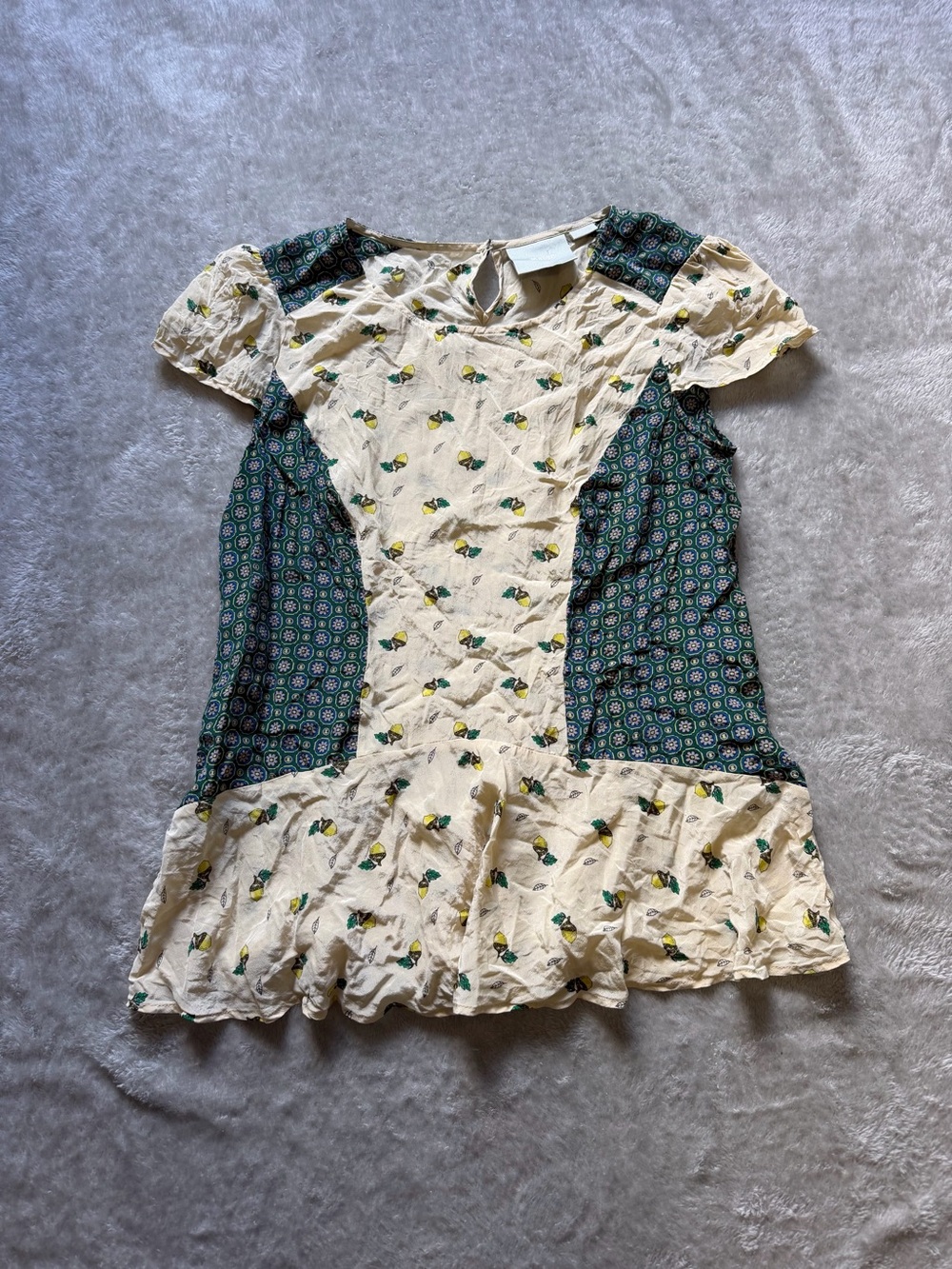 Maeve %100 Silk Cream Floral Patchwork Blouse with Green Panels